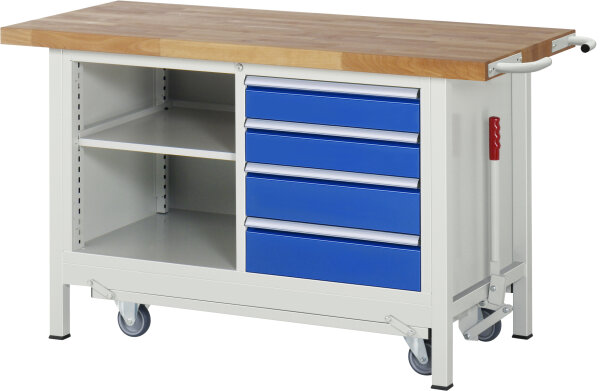 RAU Werkbank mit Fahrgestell 8463, B1500xT700xH880mm, 4xSchublade-VA, 15-8463A2-157B4F.11