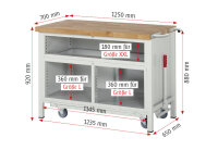 RAU Werkbank mit Fahrgestell 8922, B1250xT700xH920mm, 5xSchublade-VA, 1xTür, 15-8922A2-127B4F.11