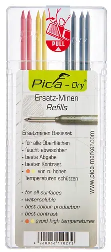 Pica-Marker Pica Dry Ersatzminen Etui Basis-Set 71086, 4x Graphit, 2x Rot und 2x Gelb, Wasserlöslich, Feucht Abwischbar