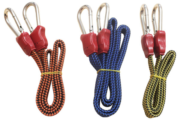 Profibau Flach-Spanngummi 71117 3-teilig, gelb 0,75 m, rot 1,00 m, blau 1,25 m lang, mit Karabinerhaken, 19 mm breit