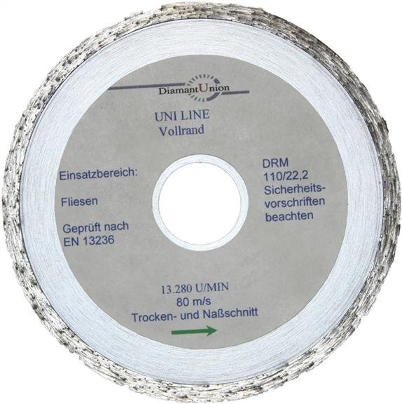 Profibau Diamanttrennscheibe 85392 Uniline mit geschlossenem Rand für Fliesen und Keramik, Ø 110 mm, Bohrung 22,2 mm