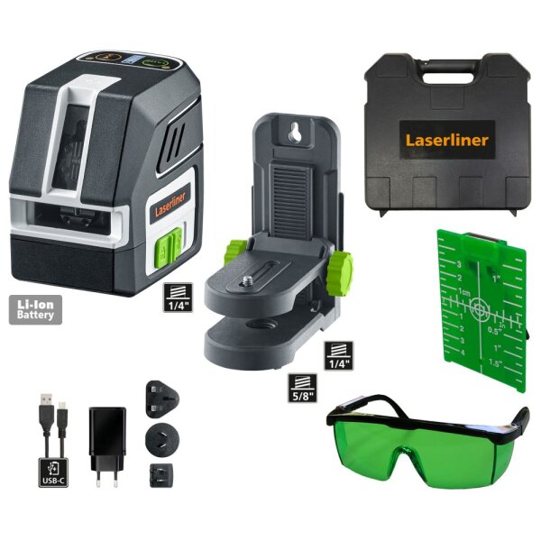 LASERLINER PocketCross-Laser 2G Handlicher Kreuzlinien-Laser mit grüner Lasertechnologie und vielseitigen Einsatzmöglichkeiten durch umfassendes Zubehör  036.710A