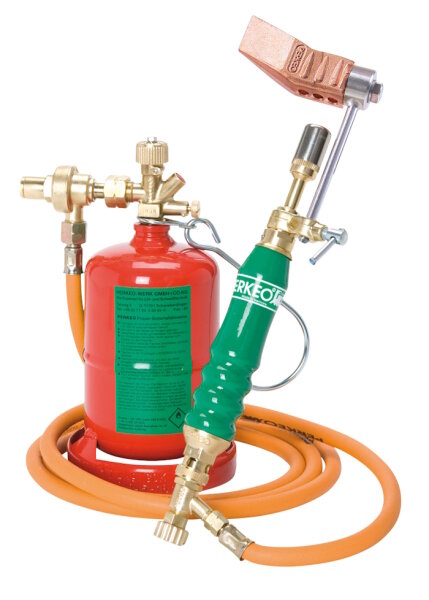 PERKEO Weichlötanlage Set BS152-3 mit LOCKDOWN24-Kupferstück Hammerform, 0,425 kg Propanflasche, 2,5 m Hochdruckschlauch