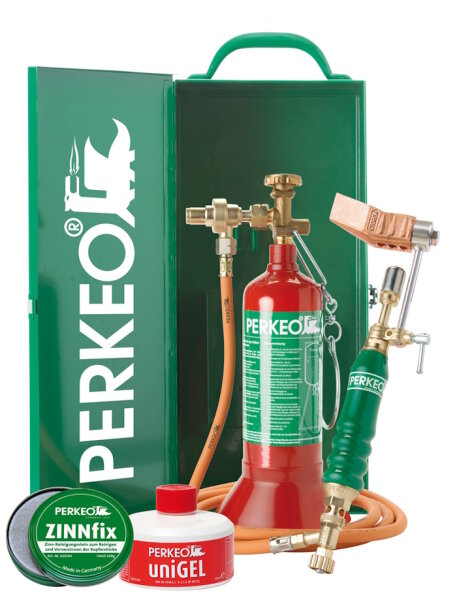 Perkeo Easybox Weichlötanlage Set BS152-4 mit Transport-Stahlblechkasten nach GGVS/ADR, Lockdown24-Kupferstück Hammerform-gekröpft, Zinnfix, Unigel und Perkeo-Cap, 0,425 kg Propan-Montageflasche