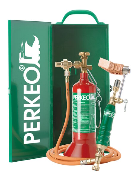 Perkeo Easybox Weichlötanlage Set BS152-5 mit Lockdown24-Kupferstück Hammerform-gekröpft, Transport-Stahlblechkasten nach GGVS/ADR und Propan-Montageflasche