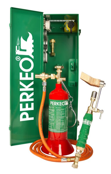 Perkeo Topbox Weichlötanlage BS152-6, Propan Komplett-Set mit Lockdown24-Kupferstück Hammerform 350 g im Transport-Stahlblechkasten nach GGVS/ADR