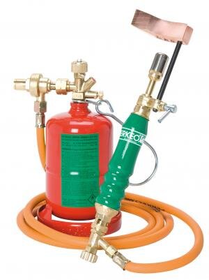 Perkeo Weichlötanlage 799/5/03/3 Hammerform gekröpft, G3/8" LH, 2,5 m Schlauch, Komplett-Set mit Propanflasche