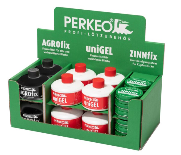 Perkeo Kombipack Display 429/5/100 mit 8x Unigel, 4x Agrofix und 14x Zinnfix, Weichlötflussmittel, Thekenaufsteller