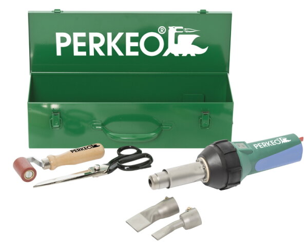 Perkeo Hotgun Electra 2000 C Heißluft-Handschweißgerät 745/90/101 Set inkl. Zubehör und Stahlblechkasten, 1600 W, mit Digitalanzeige
