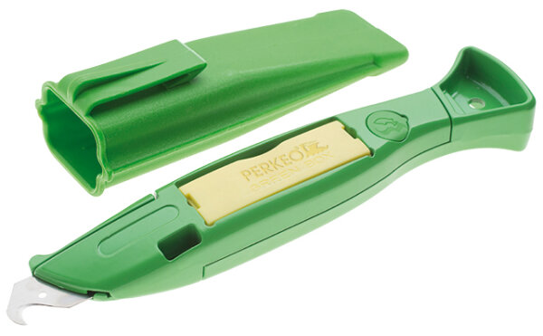 Perkeo Flipper Hakenmesser BS152-40 aus Metall, inkl. 20 Klingen, mit Köcher und Gürtelclip