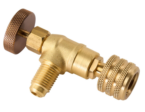 PERKEO Kältemittel-Sicherheitskontrollventil 467/10/4200 IG 5/16" SAE x AG 1/4" SAE, mit Handrad und Ventilkerneindrücker