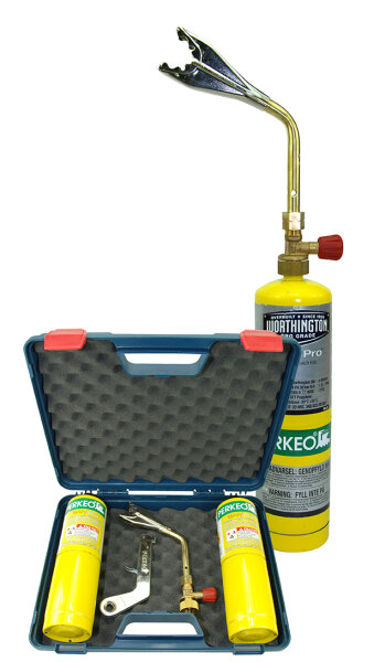 Perkeo USM-Gas Clipfire Kartuschenbrenner-Set 799/3/09 inkl. Koffer, 2 Kartuschen, Anzünder und Löteinsatz, zum Hartlöten, 2600 °C