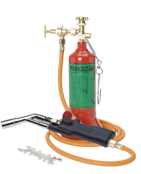 Perkeo Propan-Piezo-Universal-Lötanlage 799/3/01, 2,5 m Schlauch, Anschluss G3/8" LH, für Hartlöten bis 22 mm Rohrdurchmesser, mit 0,425 kg Flasche