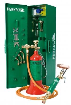 PERKEO Propan-Weich- und Bleilötanlage BS152-111 im Stahlblechkasten, Anschluss G 3/8" LH, mit 0,425 kg Montageflasche