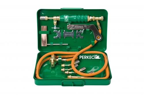 PERKEO Propan-Weich- und Bleilötanlage BS152-116 im Stahlblechkasten, für 0,425 kg Montageflaschen, mit Kupferstück Hammerform