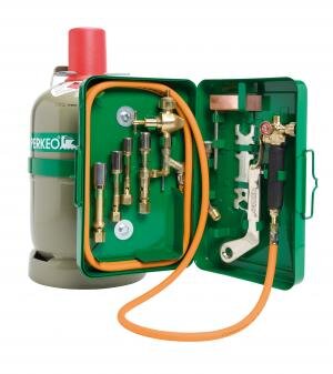 Perkeo Propan-Hart- und Weichlötanlage BS152-122 mit 5 kg Flasche im Stahlblechkasten, G3/8 LH Anschluss, Sparautomatik