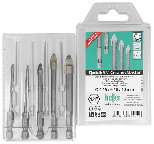 HELLER QuickBit CeramicMaster Glasbohrer 1/4"-6-kant Set 5-teilig Ø 4/5/6/8/10 mm 5St. 24942