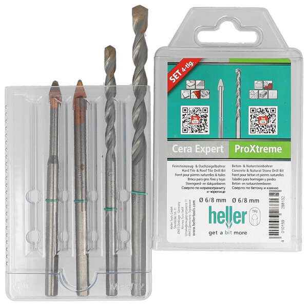 HELLER Misch-Set 4-teilig : Cera Expert Feinsteinzeug- und Dachziegelbohrer Ø 6/8 mm &ProXtreme Beton- und Natursteinbohrer Ø 6/8 mm 4St. 28813
