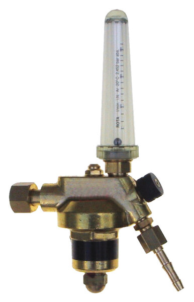 Perkeo Argon-Entnahmestellen-Druckminderer BS152-213 aus Vollmessing, einstufig, mit Flowmeter 4-32 l/min, 20 bar Eingangsdruck