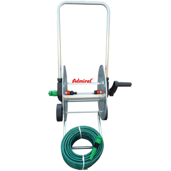 KLOTZ Admi®Depot Schlauchwagen-Set 9555 mit 25 m 1/2 Zoll PVC-Schlauch, galvanisierter Stahl, mit Wasserdurchlauf