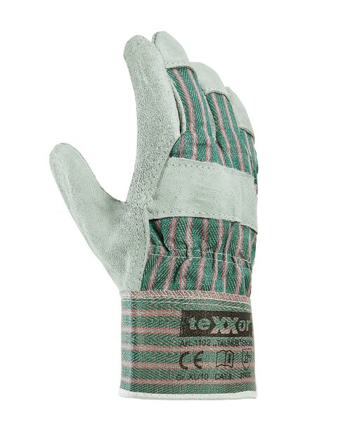 teXXor® Rindkernspaltleder-Handschuhe TAUNUS Leder natur, Drell grün/rot 1102