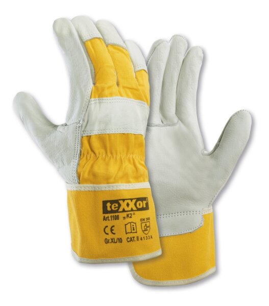 teXXor® TOP Rindvollleder-Handschuhe K2 Leder natur/Drell gelb 1108