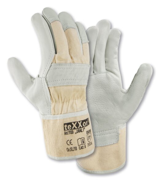 teXXor® Rindvollleder-Handschuhe URAL I Leder natur/Drell weiß 1159
