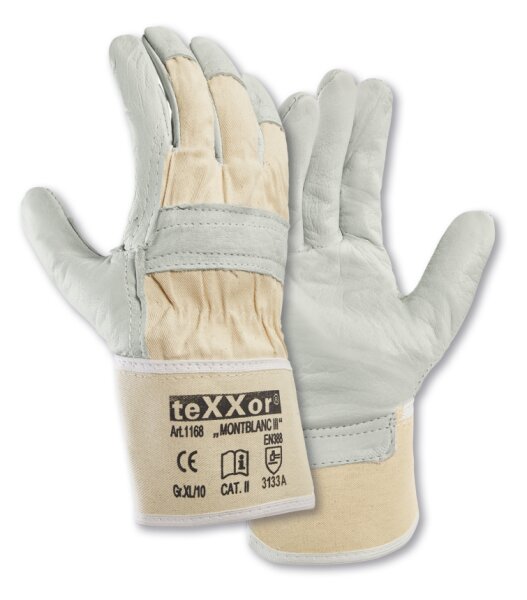 teXXor® Rindvollleder-Handschuhe MONTBLANC III Leder natur/Drell weiß 1168