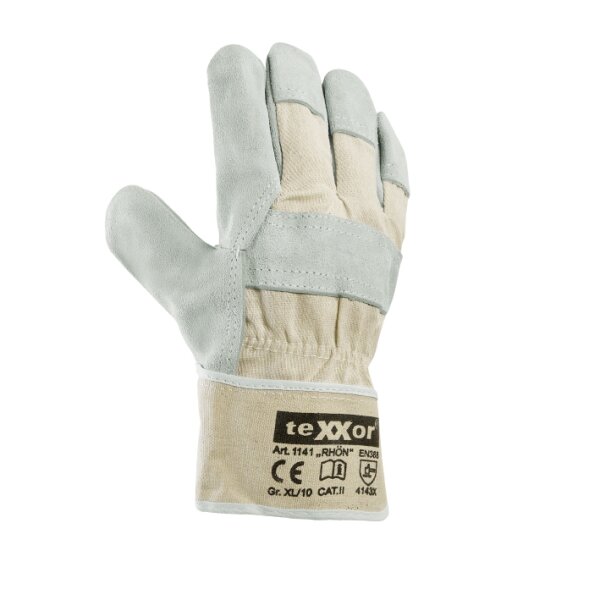 teXXor® Rindkernspaltleder-Handschuhe RHÖN Größe 12 Leder natur/Drell weiß (1141-12)
