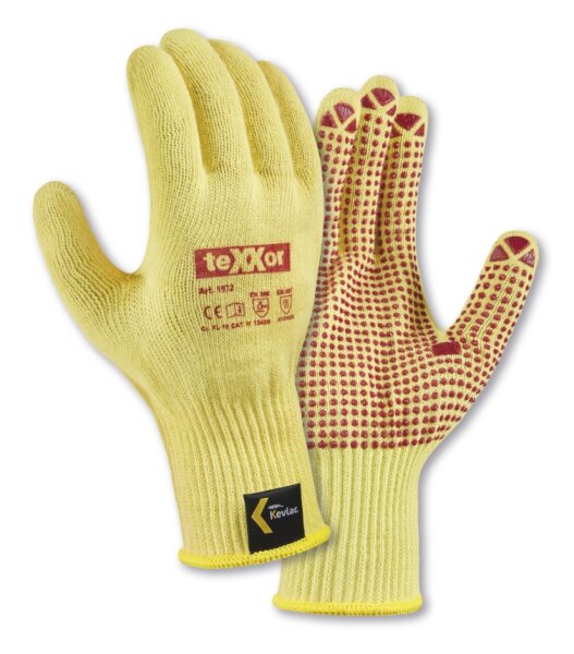 teXXor® Mittelstrick-Handschuhe ARAMID mit Noppen Größe 8 goldgelb/rote Noppen (1972-8)