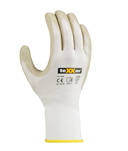 teXXor® Nylon-Strickhandschuhe NITRIL BESCHICHTET Größe 10 weiß/grau (2420-10)