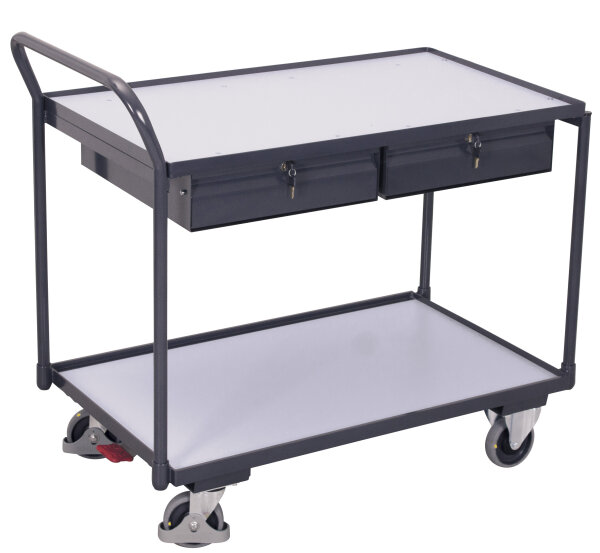 VARIOfit ESD Tischwagen mit 2 Ladeflächen und 2 Schubladen sw-600.959