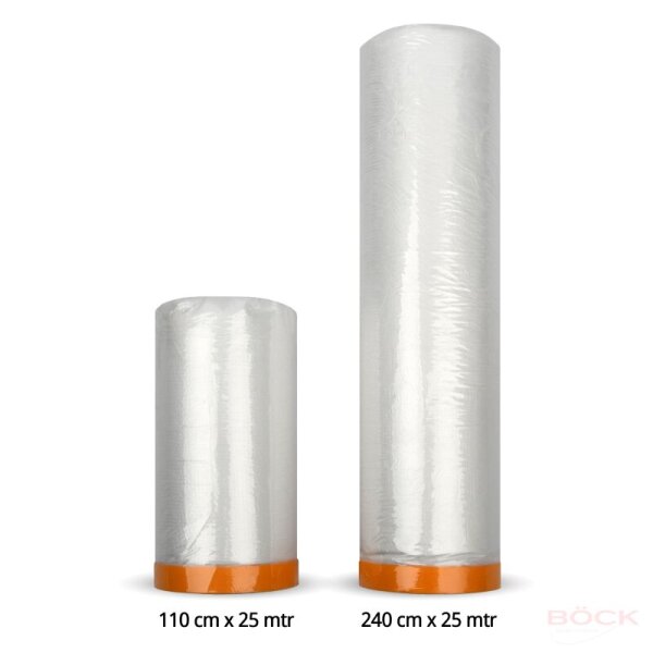 Flesta Masker Tape Abdeckfolie mit Klebeband 102-168 transparent, 110x25 & 240x25, 60 mµ, reißfest, temperaturbeständig bis 70 °C