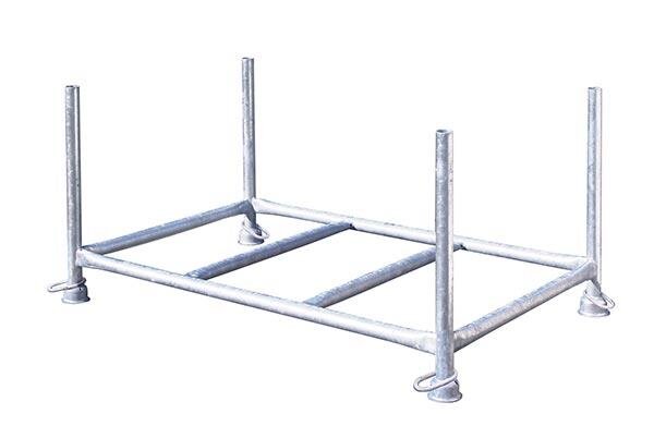 MÜBA Stapelpalette, Standrohr Ø48,3 mm, lichtes Maß zwischen den Holmen 1,50x0,87x0,60m, Tragfähigkeit 1500kg, verzinkt