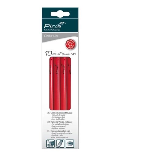 Pica Classic Zimmermannstift 63127 Rot, Oval, Ungespitzt, 24 cm, Härtegrad 2H, in 10er-Schachtel