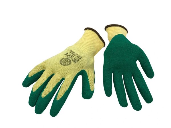 Profibau Arbeitshandschuhe BS100-700 Polyester Gelb mit Schrumpf-Latex-Beschichtung Grün, Größe 9-11, EN 388 Kat. 2, Wasserabweisend