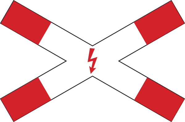 Andreaskreuz, liegend, mit Blitzpfeil