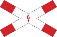 Andreaskreuz, liegend, mit Blitzpfeil