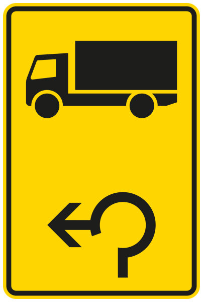 Vorwegweiser für Kfz mit einer zulässigen Gesamtmasse über 3,5 t im Kreisverkehr, linksweisend