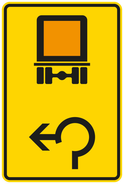 Vorwegweiser für kennzeichnungspflichtige Fahrzeuge mit gefährlichen Gütern im Kreisverkehr, linksweisend
