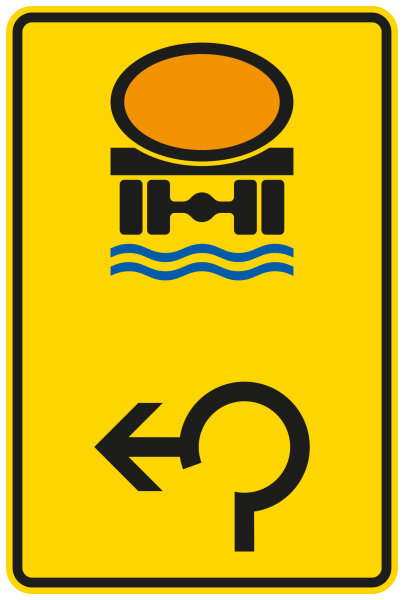 Vorwegweiser für Fahrzeuge mit wassergefährdender Ladung im Kreisverkehr, linksweisend