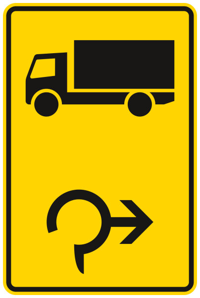 Vorwegweiser für Kfz mit einer zulässigen Gesamtmasse über 3,5 t im Kreisverkehr, rechtsweisend