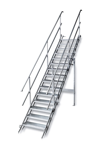 MÜBA Bautreppe mit 15 Stufen, Geländern und integrierter Stützhilfe, Treppenlänge ca. 4,27m, verzinkt