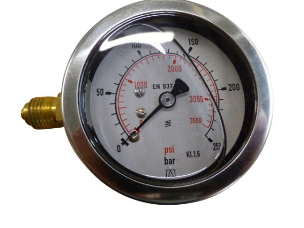 PROBST Ersatzteile Rohrfeder-Glyzerinmanometer Gehäusedurchmesser: 63 mm Anschluss 1/4 seitlich 9 Uhr 0-250 bar, Skala rot/schwarz 22130030