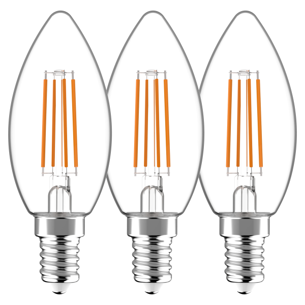 Shada LED Filament Leuchtmittel Kerze E14 C35 620180 klar, 3er Pack, warmweiß 2700 K, 4,5 W, 470 lm