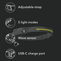 Shada Kopflampe 700354 mit Sensor und Lithium-Ionen-Akku, 5 W + 3 W, 300 lm, IP44
