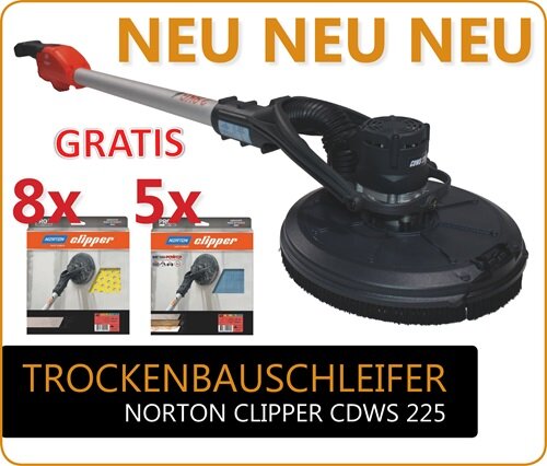 AKTION NORTON CLIPPER Trockenbauschleifer CDWS 225 + 13 Pakete Schleifpads I 70184633089 Deckenschleifer Giraffe Schleifmaschine