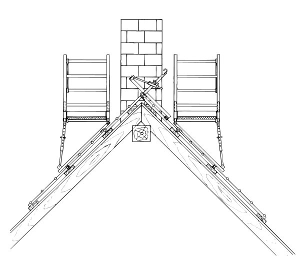 MÜBA Aluminium-Dachkamingerüst Typ DK 2 46602, zweiseitig aufgebaut mit zwei Arbeitsbühnen, freistehend, für 30° bis 60° Dachneigung