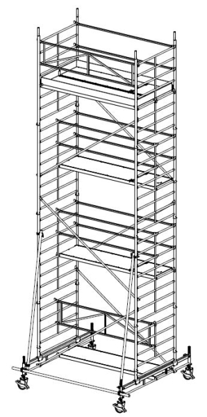 MÜBA 865m Typ 150-6S Alu-Fahrgerüst Arbeitshöhe 865 m Gerüsthöhe 775 m Standhöhe 665 m Standfläche 130 x 250 m