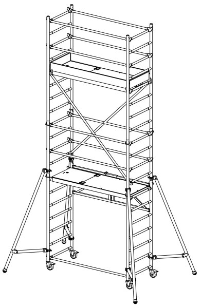 MÜBA Alu-Rollgerüst Typ Boy 2 46064.0 Komplettset mit Aufstockung und Sicherheitsaufbau nach EN1004:2021, Arbeitshöhe bis 5,85 m, Plattform 0,65 x 1,80 m